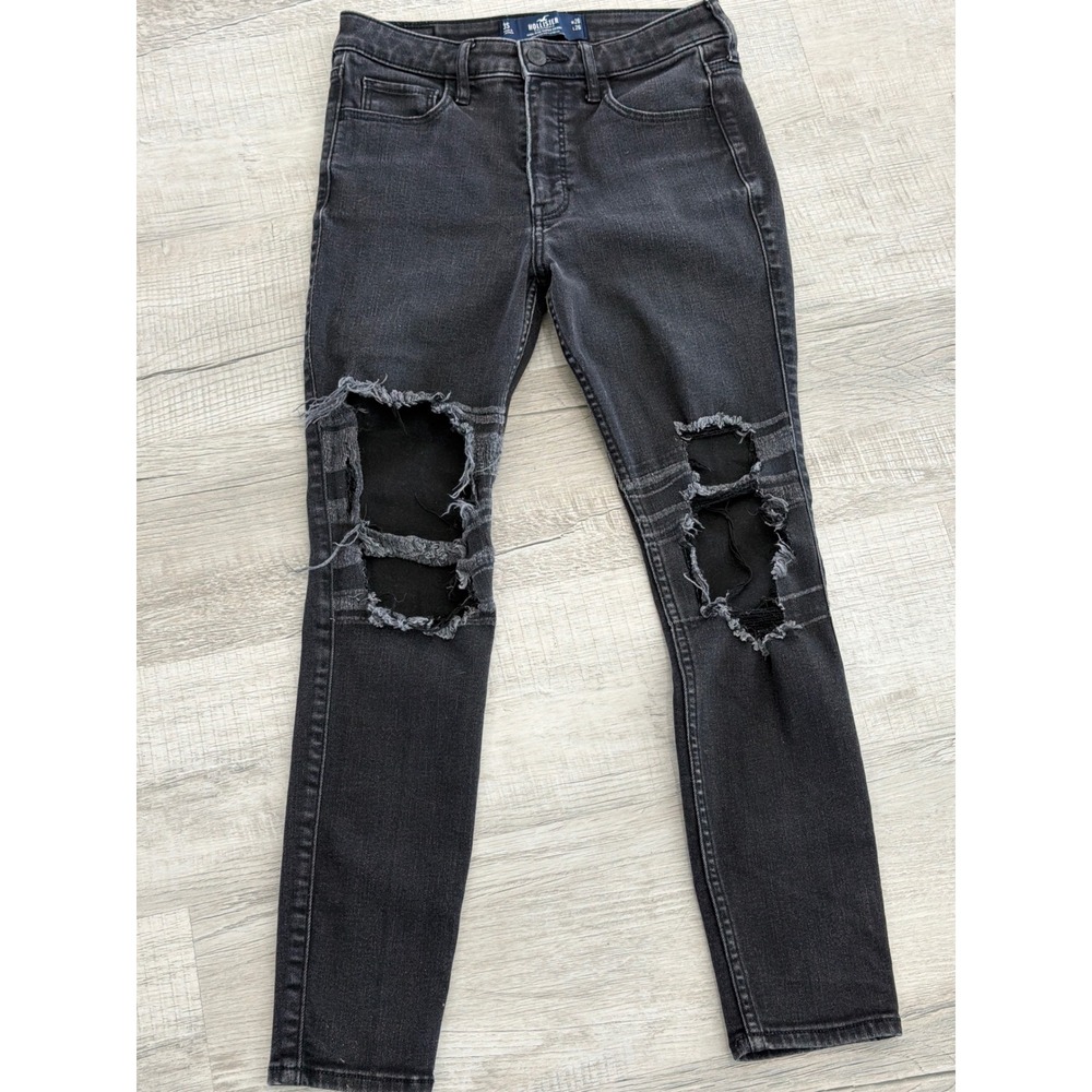 Hollister High Rise Super Skinny Distressed Black Jeans 3S W26 L26 Soft Stretch